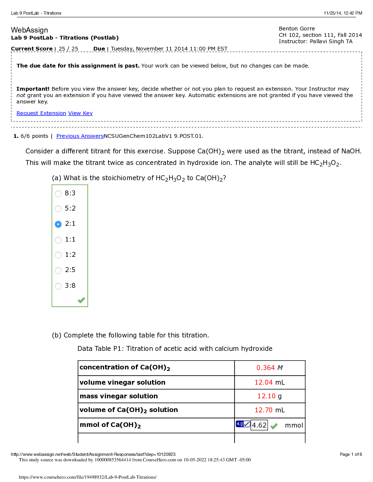CH101 CHEMISTRY 101 Lab 9 PreLab - Titrations. Current Score : 25 ...