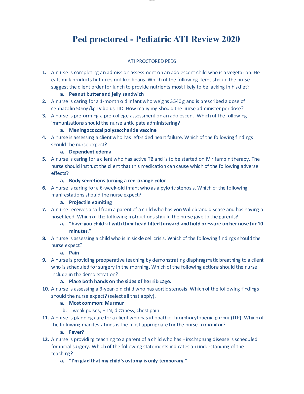 Preview of NUR 4909 Ped proctored - Pediatric ATI Review 2020