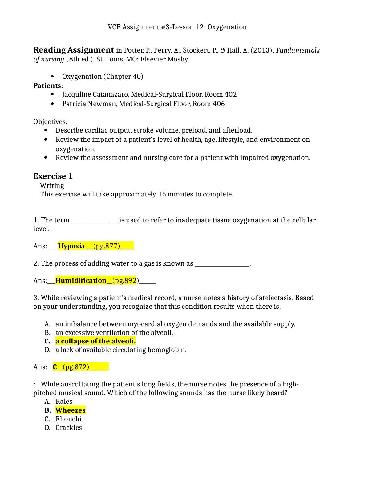 Preview of NUR 321 VCE #3 Lesson 12- Oxygenation BEST EXAM STUDY GUIDE