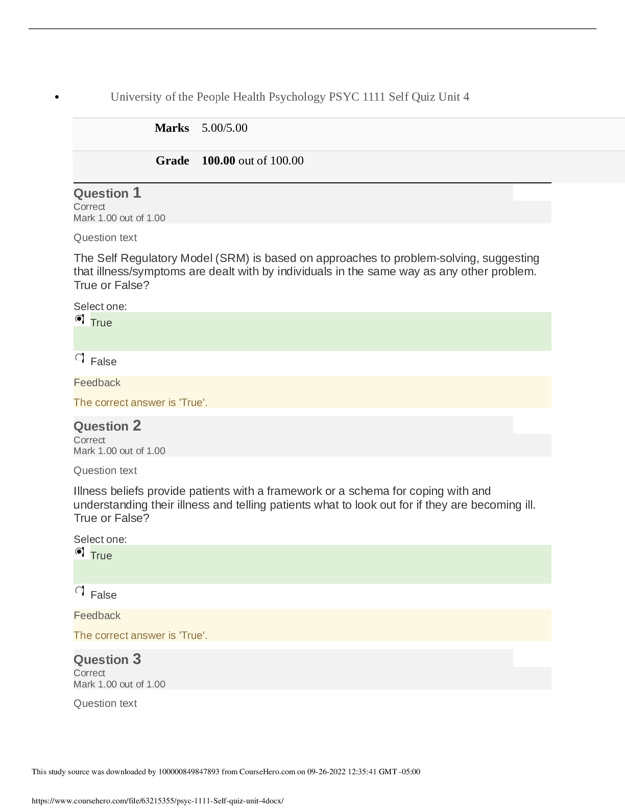 Preview image for University of the People  PSYCHOLOGY PSYC 1111. Health Psychology PSYC 1111 Self Quiz Unit 4. Grade 100.00 out of 100.00