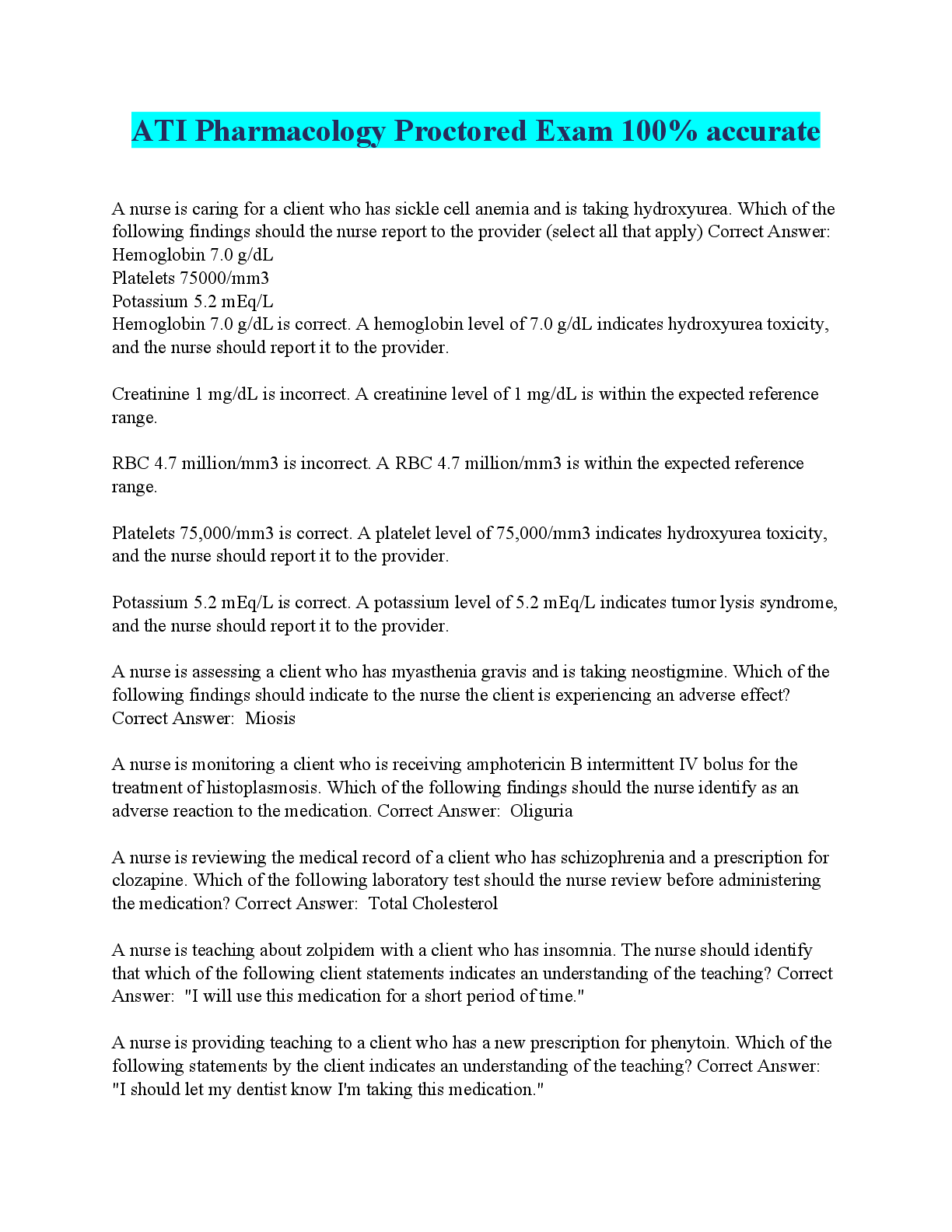 Recommended document preview for ATI Pharmacology Proctored Exam  latest version 100% accurate