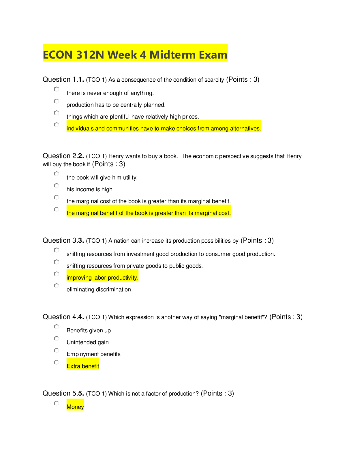 Preview of Alfred University ECON 312N Week 4 Midterm Exam/(Download To Score An A)