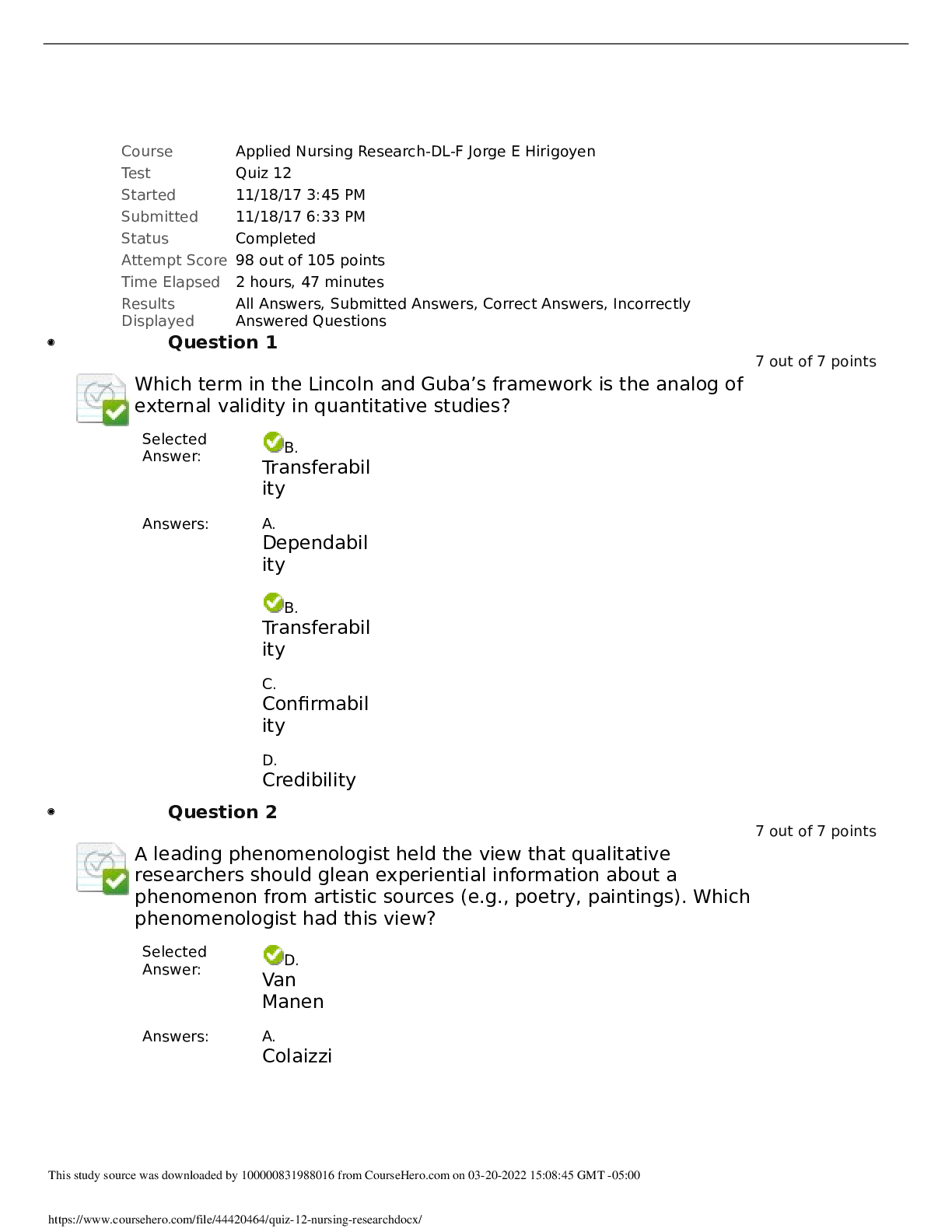 Preview of NURSING DL-F quiz 12 Applied Nursing Research Correct and Graded A
