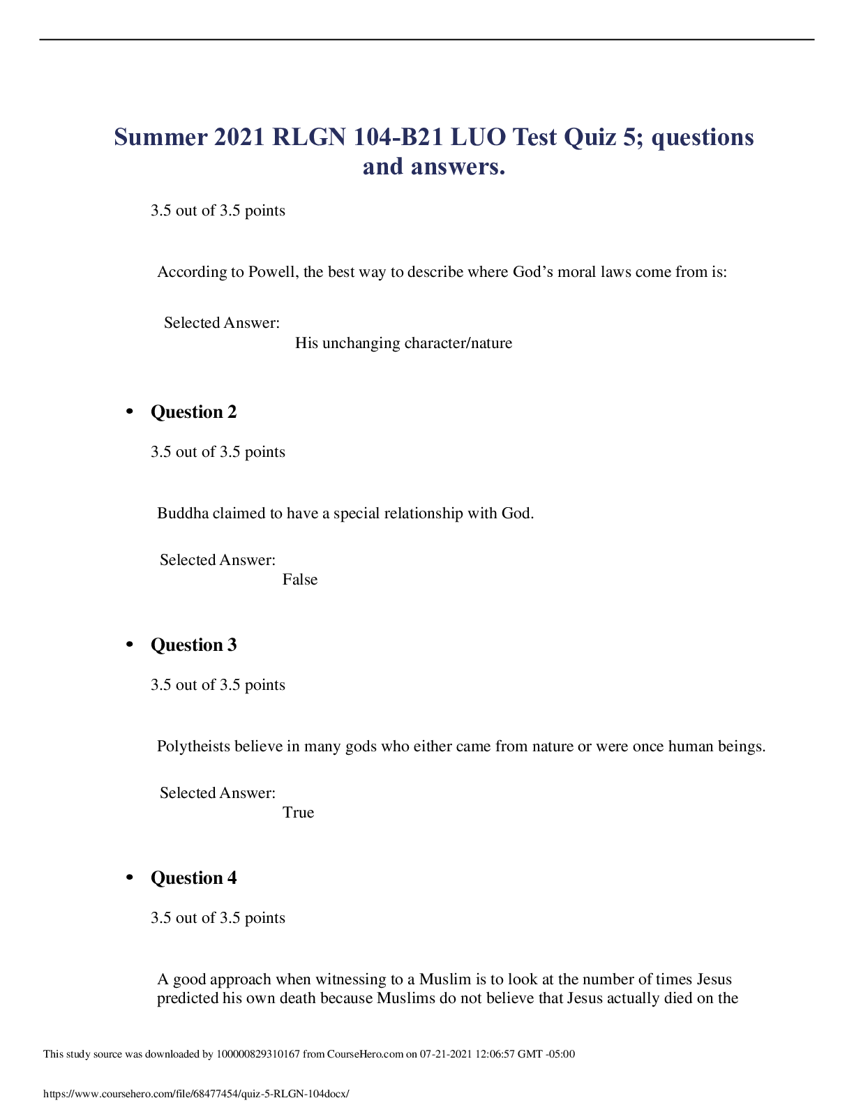 Preview of Summer 2021 RLGN 104-B21 LUO Test Quiz 5; questions and answers