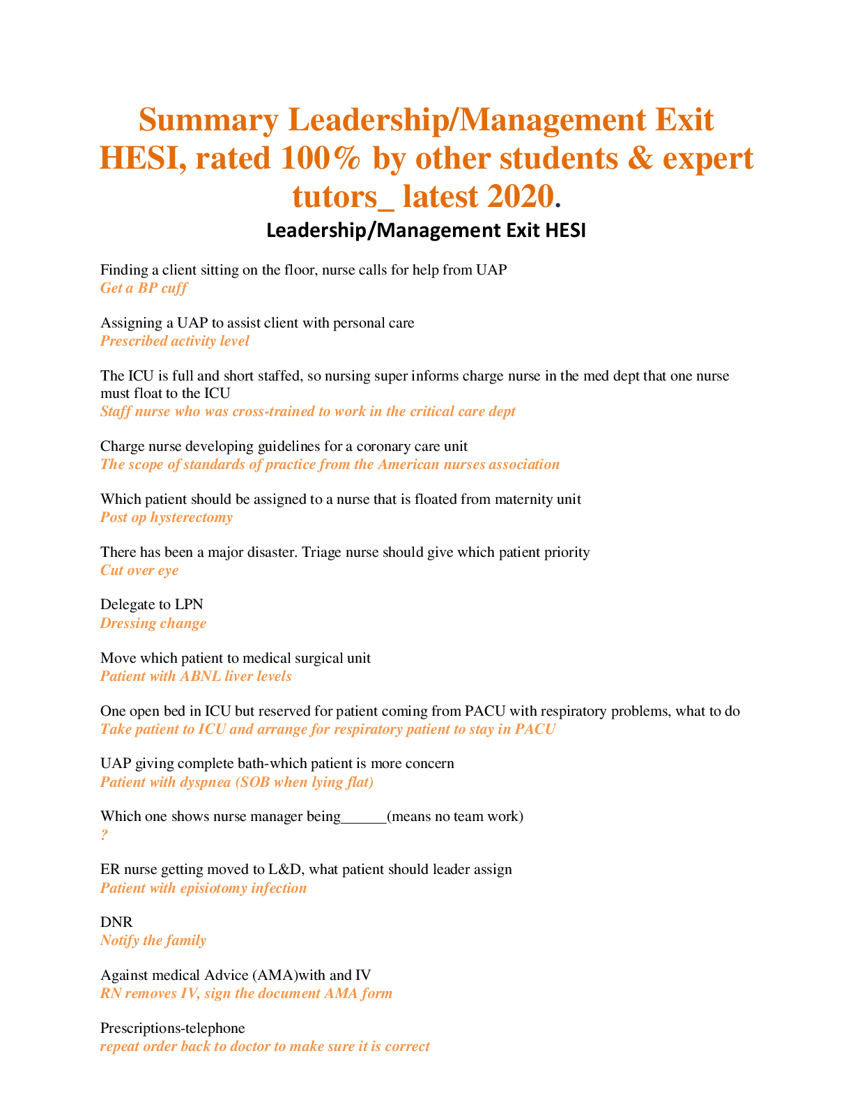 Recommended document preview for Summary Leadership & Management Exit HESI, rated 100%