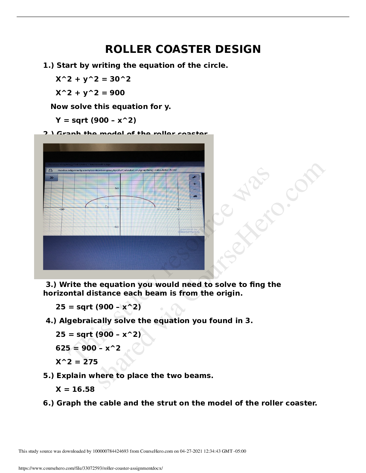 Preview image of Ottawa Hills High SchoolMATH 101roller coaster assignment. document