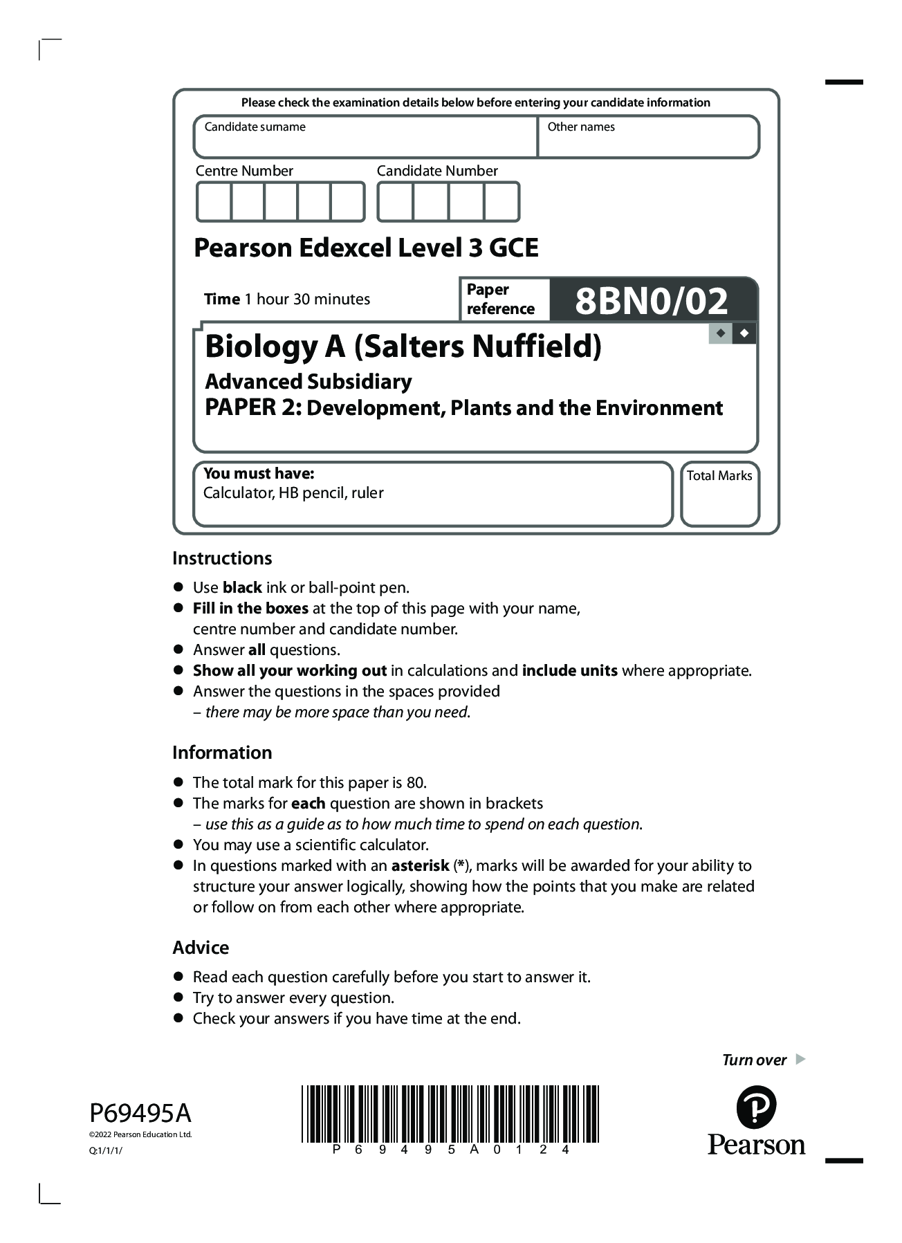 Pearson Edexcel Level 3 GCE 8BN0/02 2022 Biology A (Salters Nuffield ...