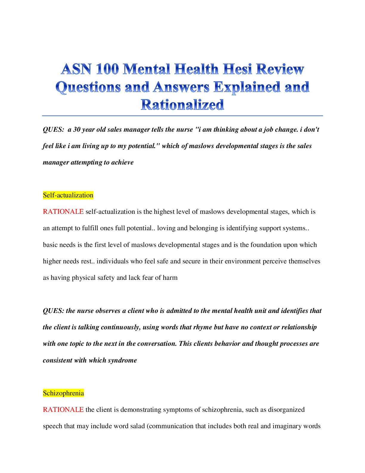 ASN 100 Mental Health Hesi Review Questions and Answers Explained and Rationalized