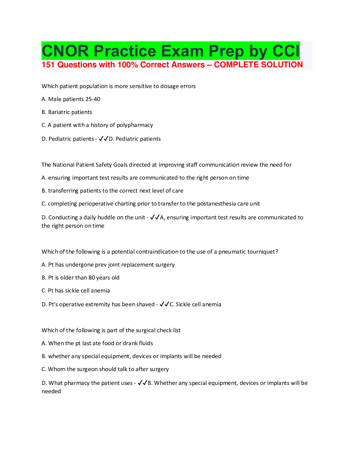 CNOR Practice Exam Prep by CCI 151 Questions with 100% Correct Answers ...