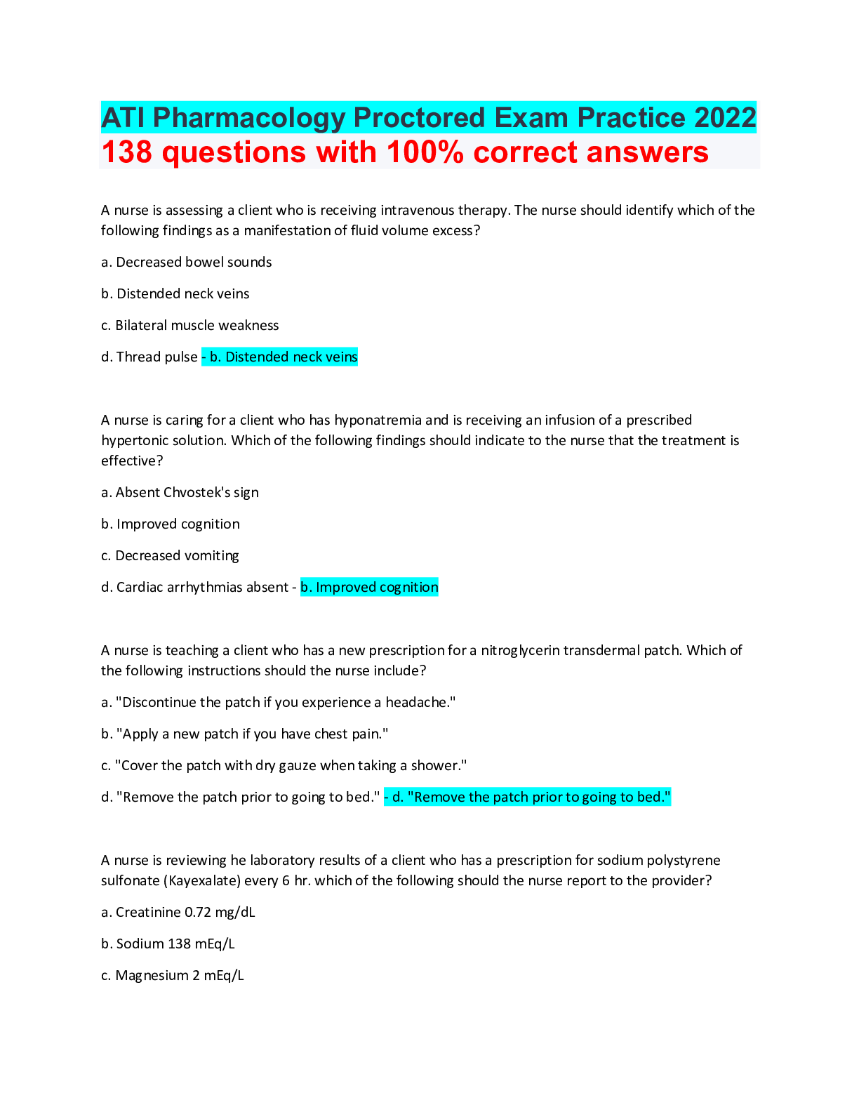 ATI Pharmacology Proctored Exam Practice 2022 138 questions with 100% ...