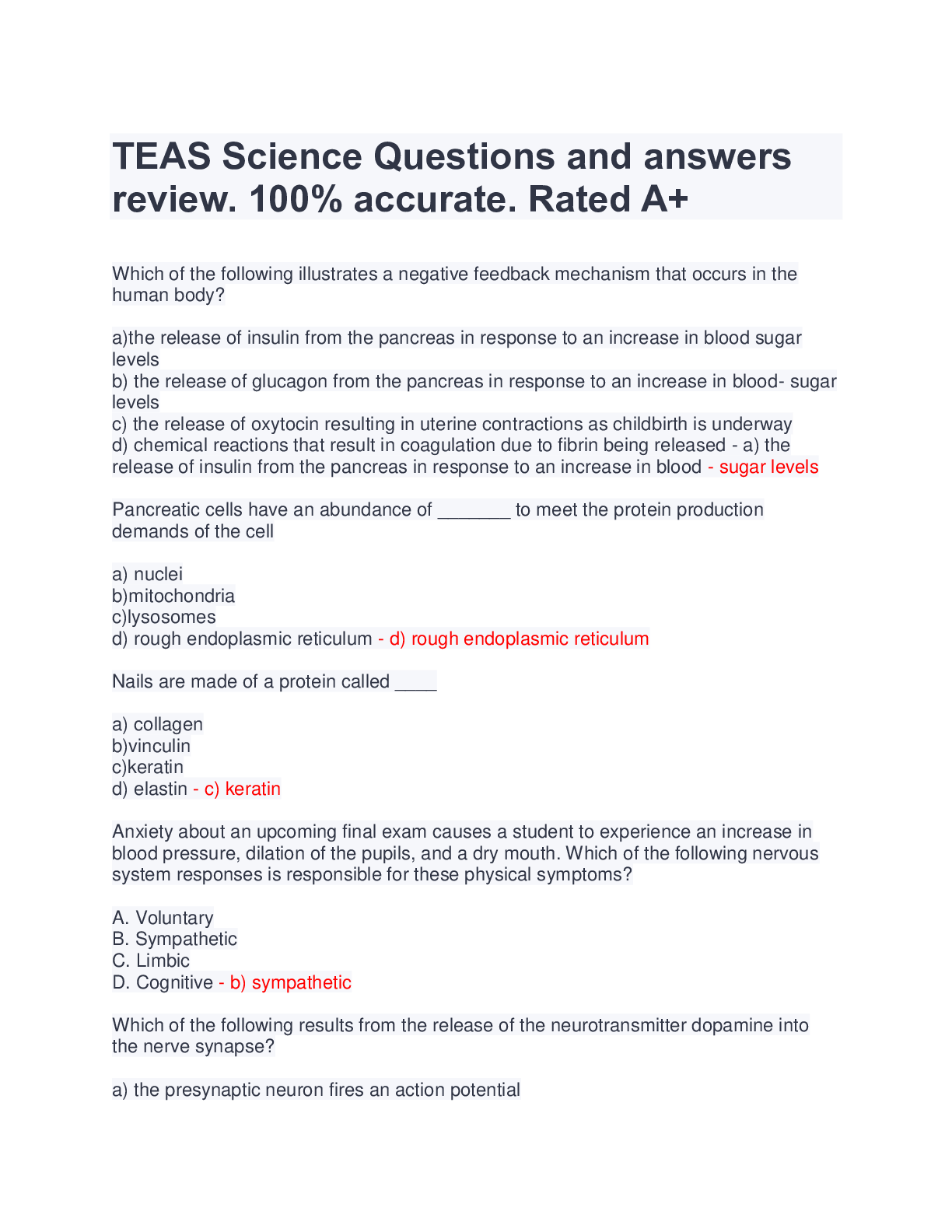 TEAS Science Questions and answers review. 100% accurate. Rated A+ ...