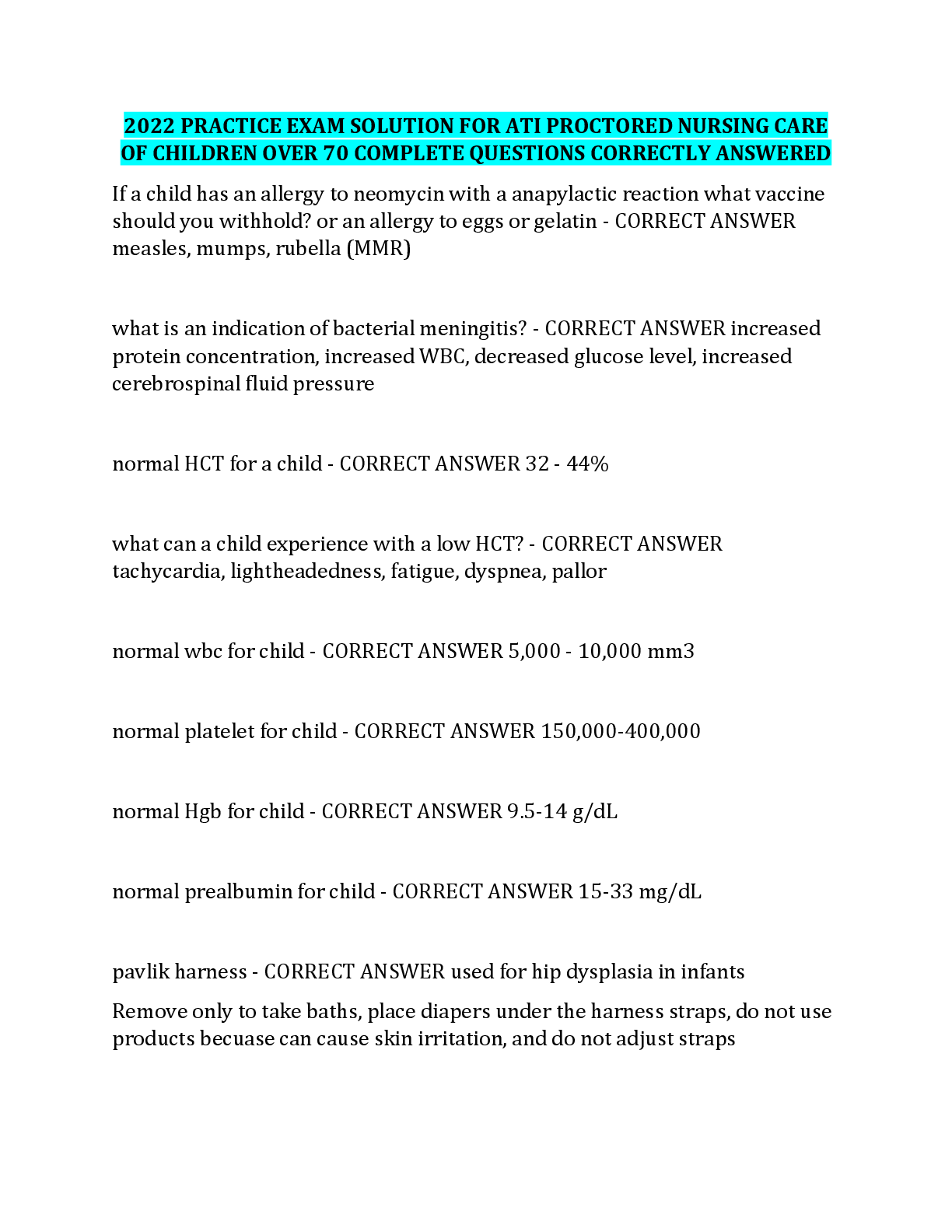 Preview of ATI PROCTORED NURSING CARE OF CHILDREN OVER 70 COMPLETE QUESTIONS CORRECTLY ANSWERED | PRACTICE EXAM SOLUTION