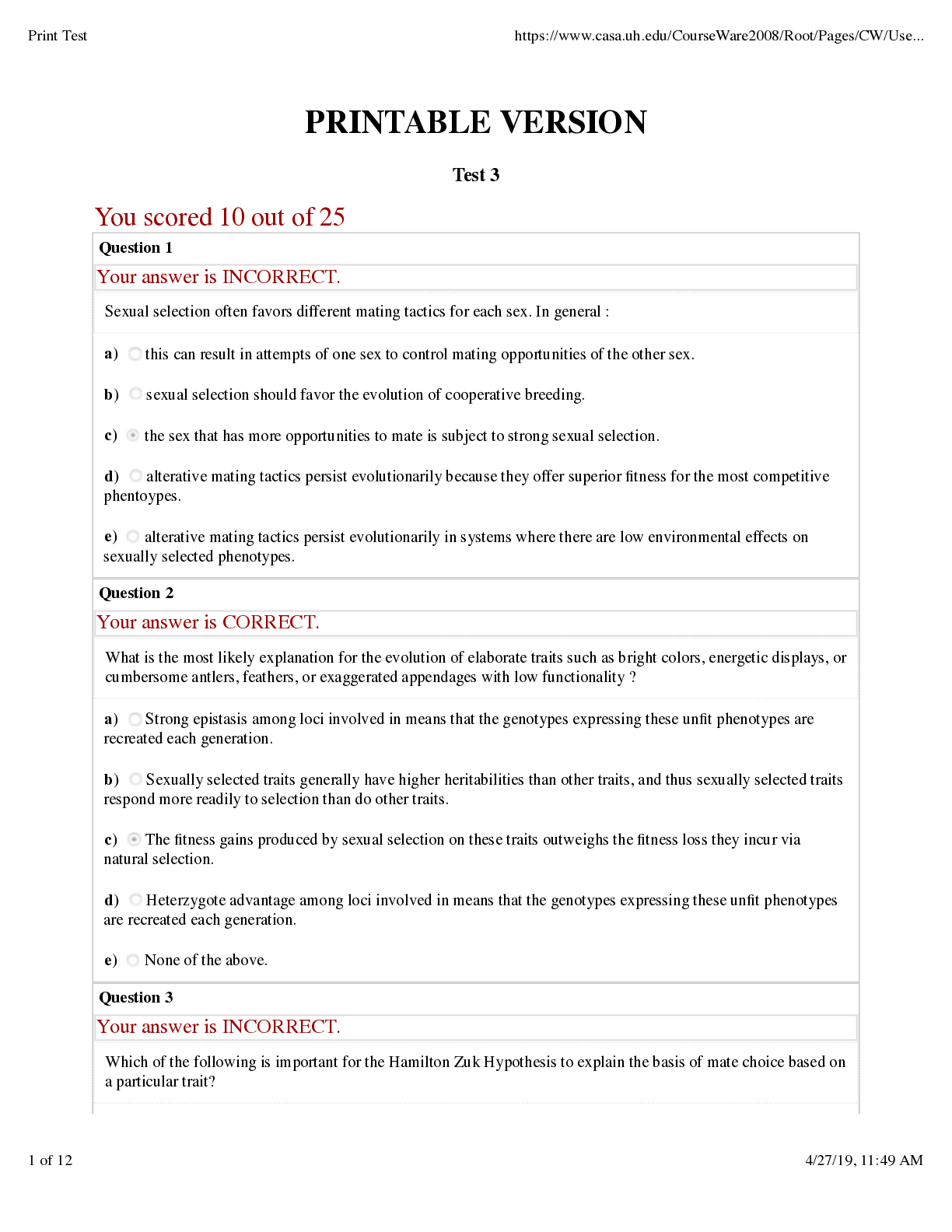 Preview of BIOLOGY AP BIO Test 3 (2019) Marked Test SCORED 10/25