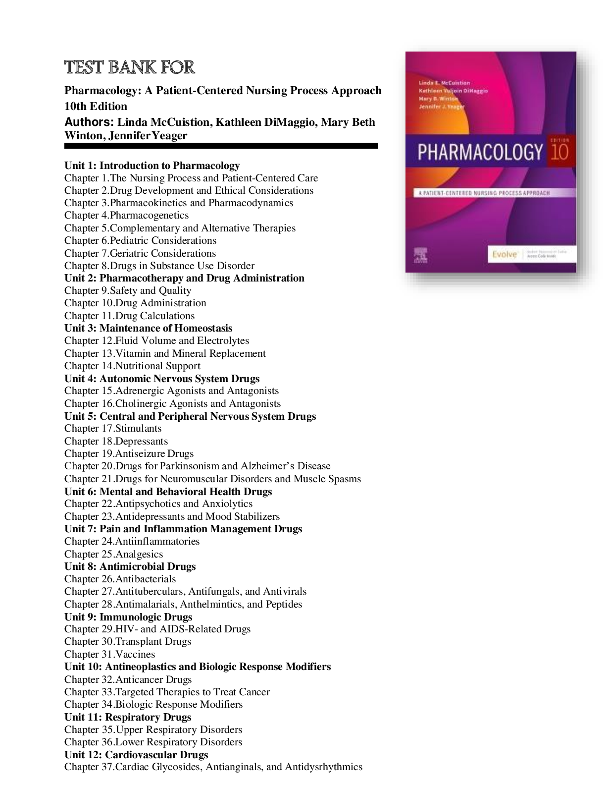 Preview of TEST BANK FOR PHARMACOLOGY: A Patient-Centered Nursing Process Approach, 10TH EDITION BY M