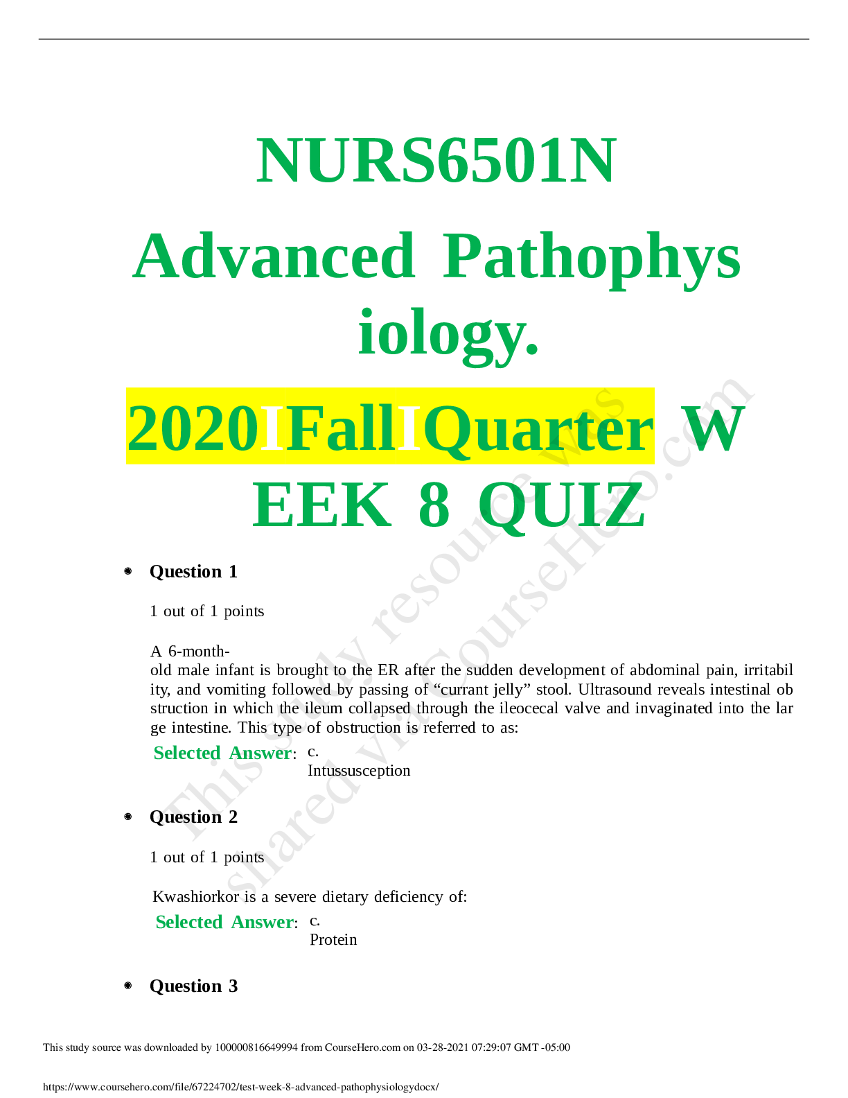 Preview image of NURS 6501N Advanced Pathophysiology. Fall 2020 WEEK 8 QUIZ document