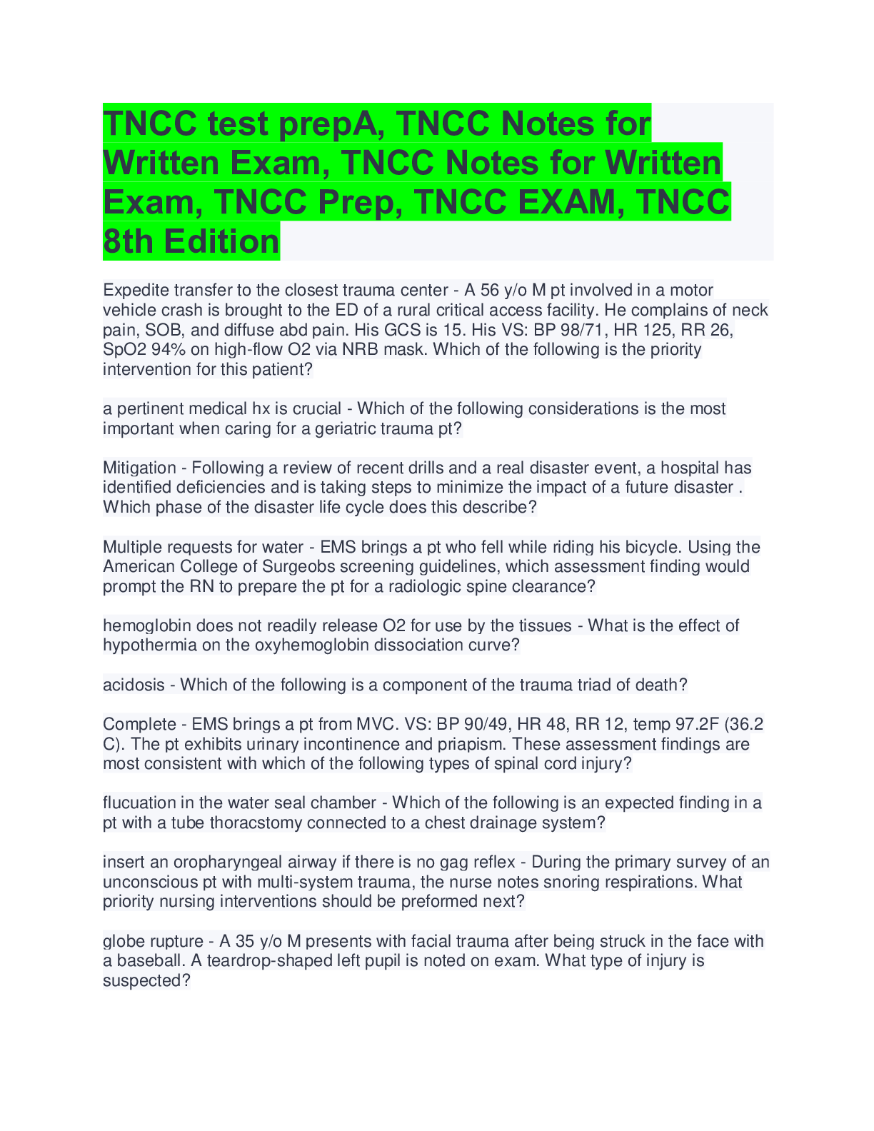 Preview image for TNCC test prepA, TNCC Notes for Written Exam, TNCC Notes for Written Exam, TNCC Prep, TNCC EXAM, TNCC 8th Edition