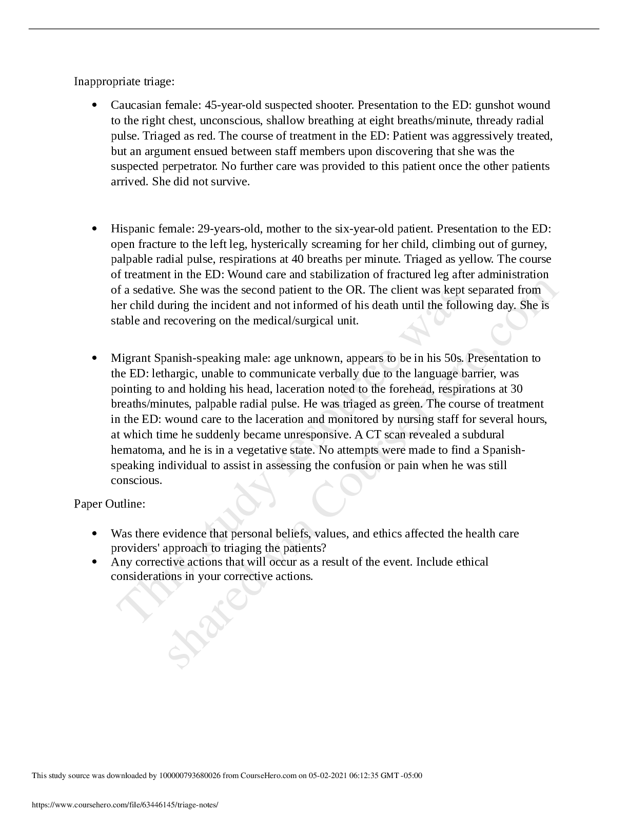 Preview of Rasmussen CollegeNURSINGNURSING 4327triage notes - Inappropriate triage Caucasian female 4
