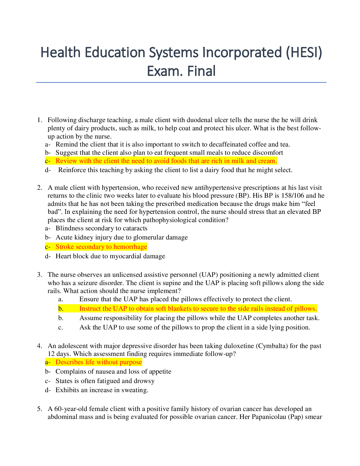 Recommended document preview for Health Education Systems Incorporated (HESI) Exam. Final. All Answers