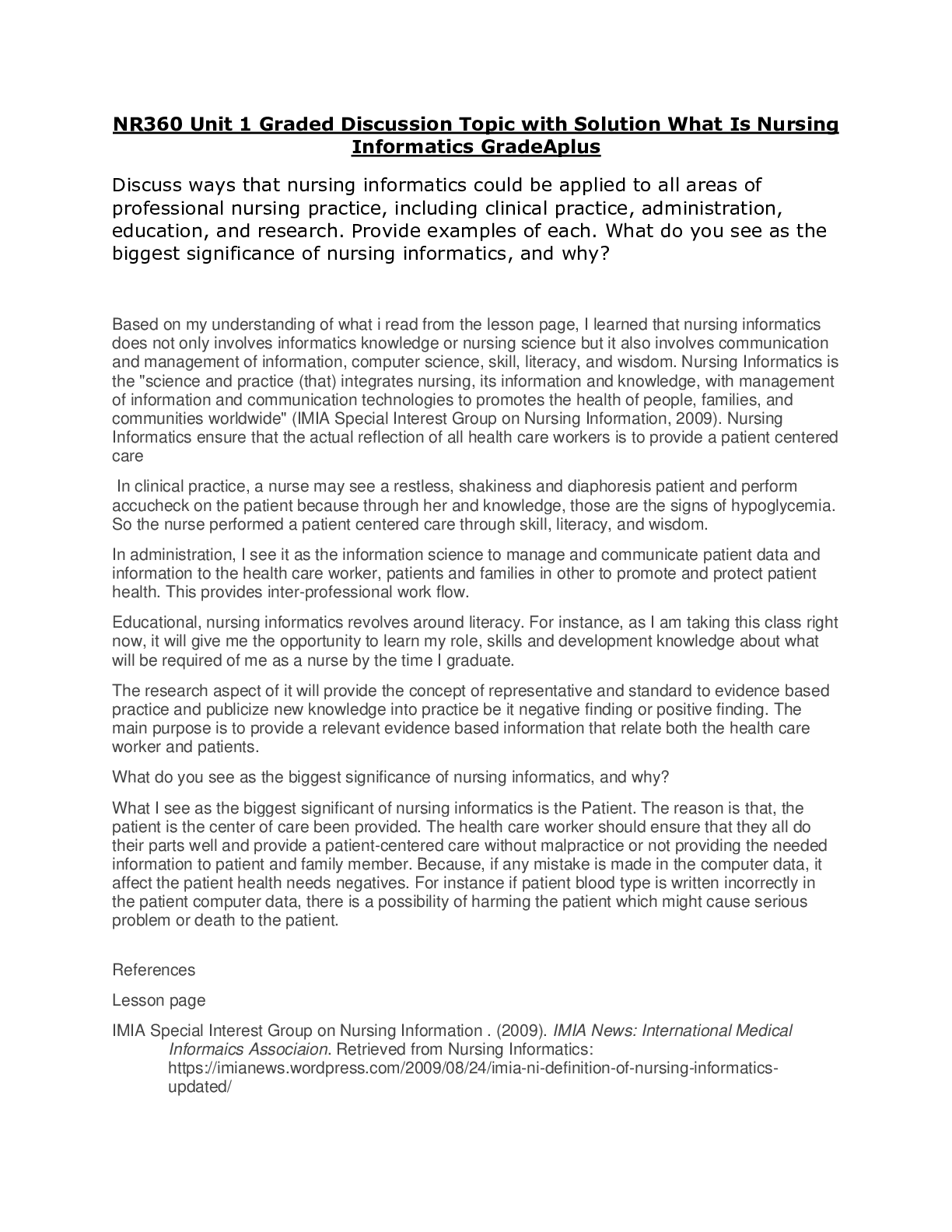 Preview image of NR360 Unit 1 Graded Discussion Topic with Solution What Is Nursing Informatics GradeAplus document
