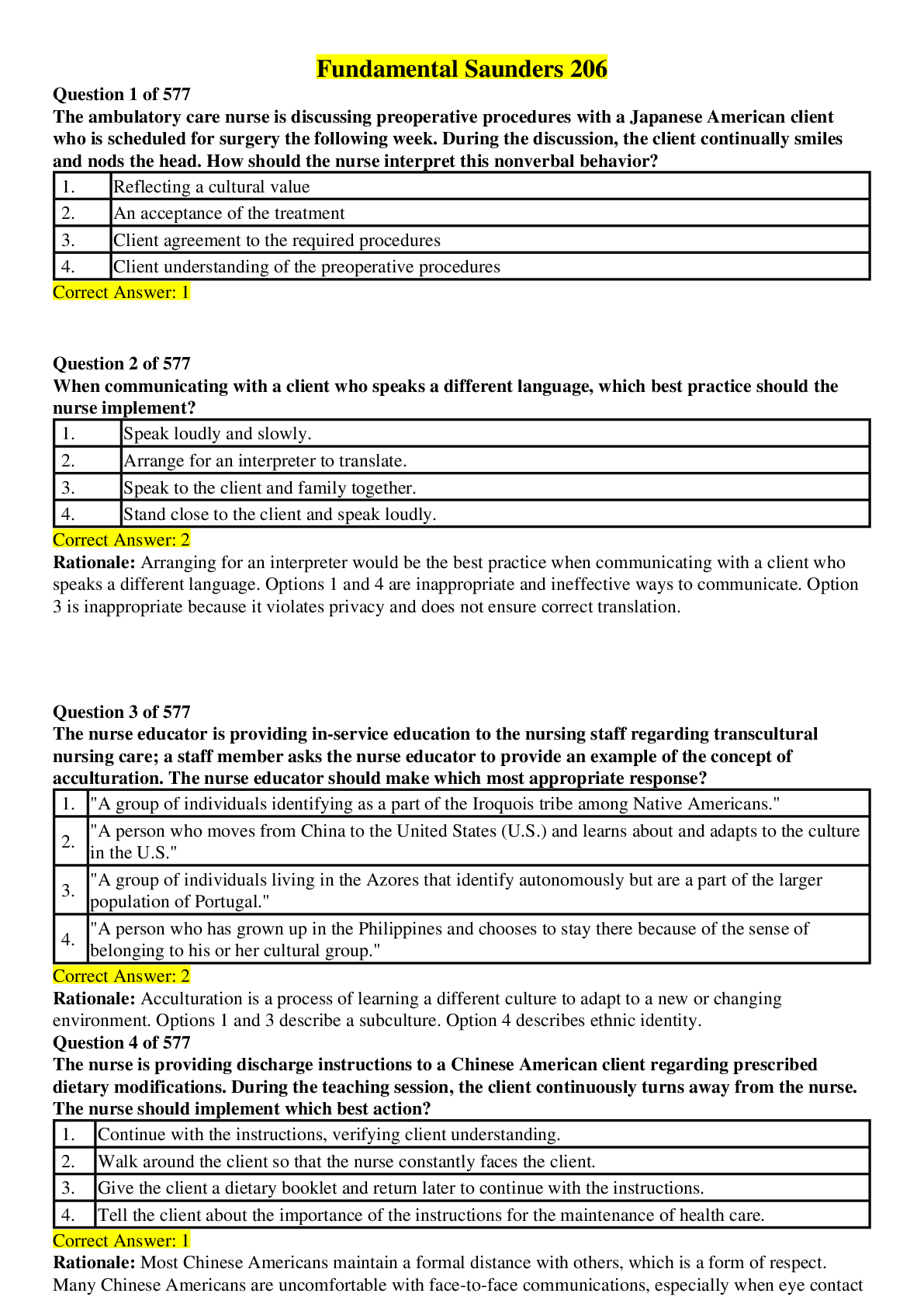 Recommended document preview for Fundamental Saunders 206 | Latest Summer 2020 Complete Test Bank Solutions|Rationales: GRADED A