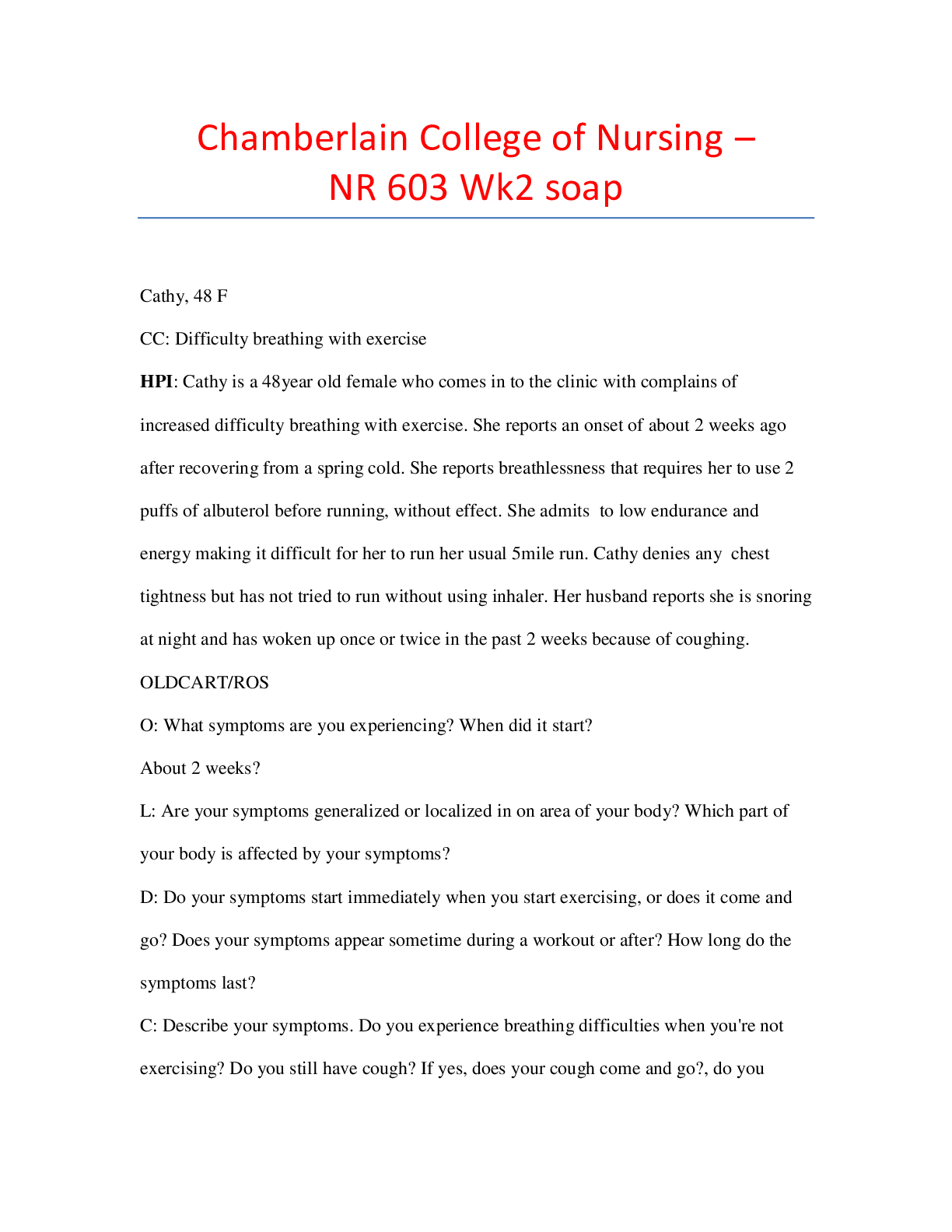 Preview image for Chamberlain College of Nursing - NR 603 Wk2 soap: NR603: SOAP. SOLVED.Graded A