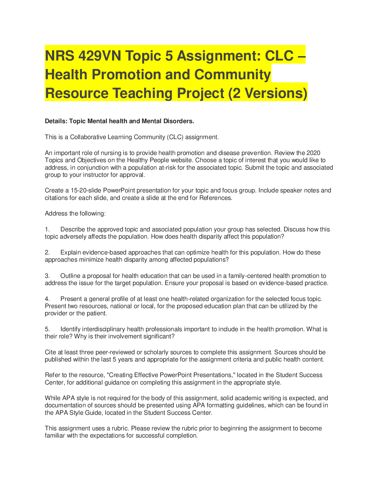 Preview of NRS 429VN Topic 5 Assignment: CLC – Health Promotion and Community Resource Teaching Proje