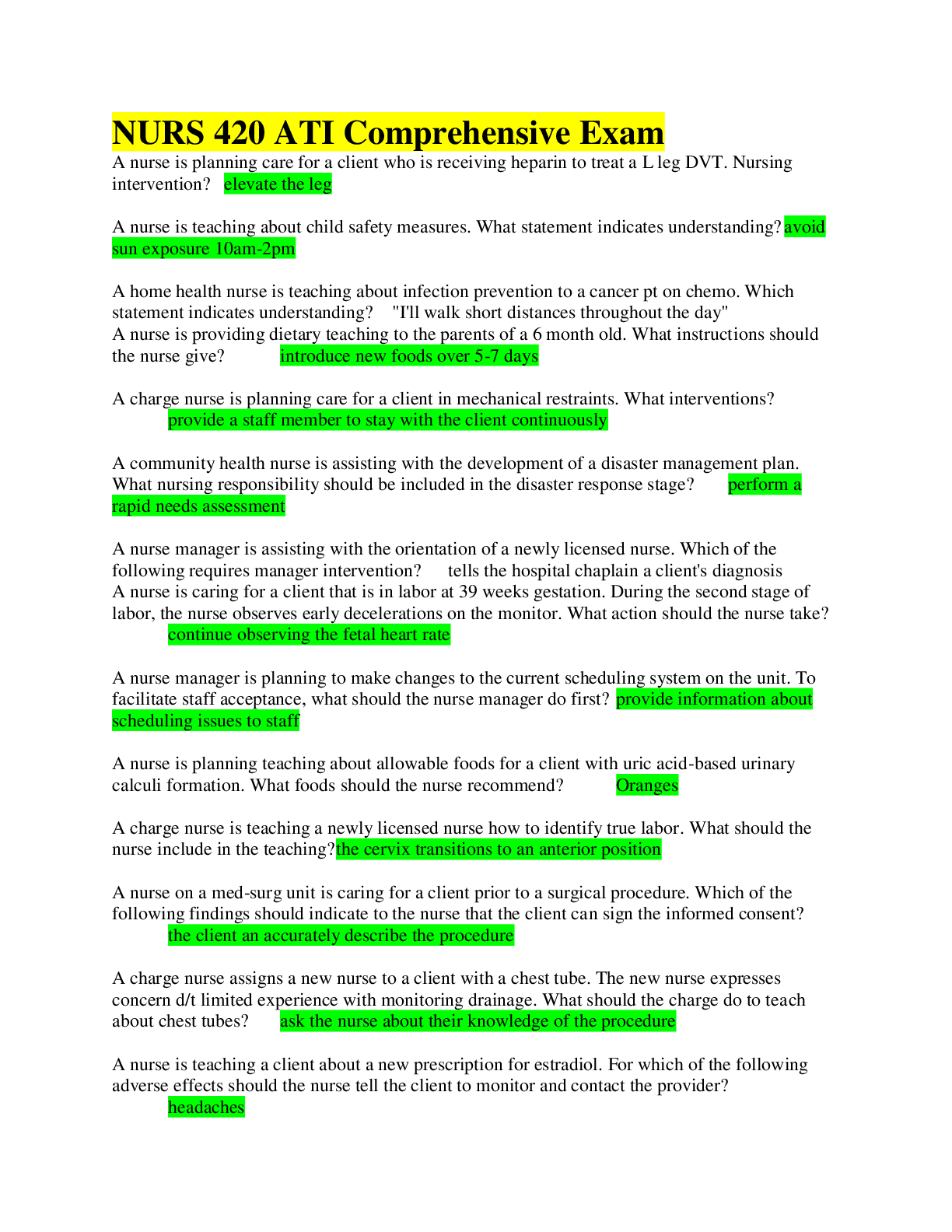 Recommended document preview for NURS 420 A.T.I Comprehensive Exam, Latest Complete 100% score guaranteed.