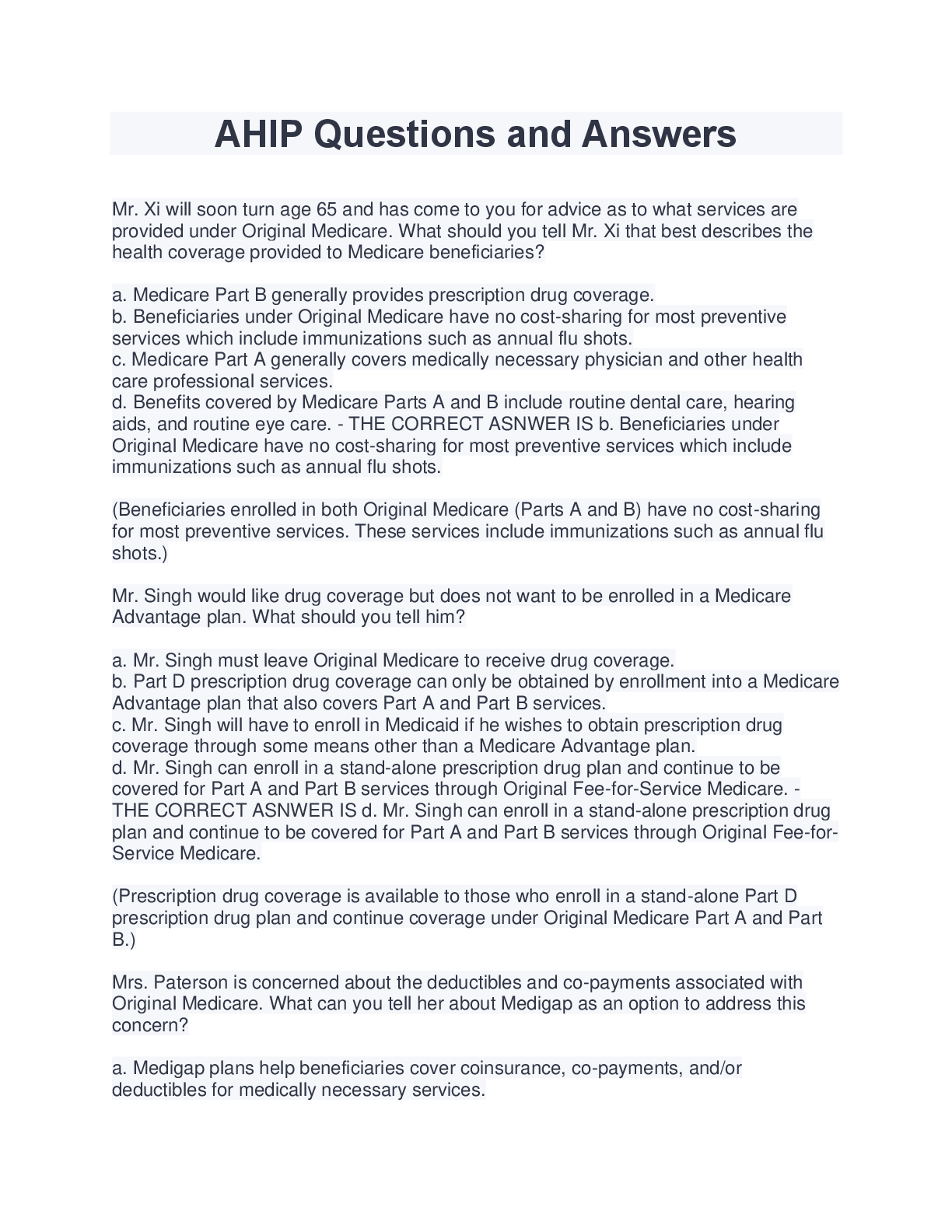 Preview of AHIP Questions and Answers (2022/2023) (CORRECT & DETAIL ANSWERS)