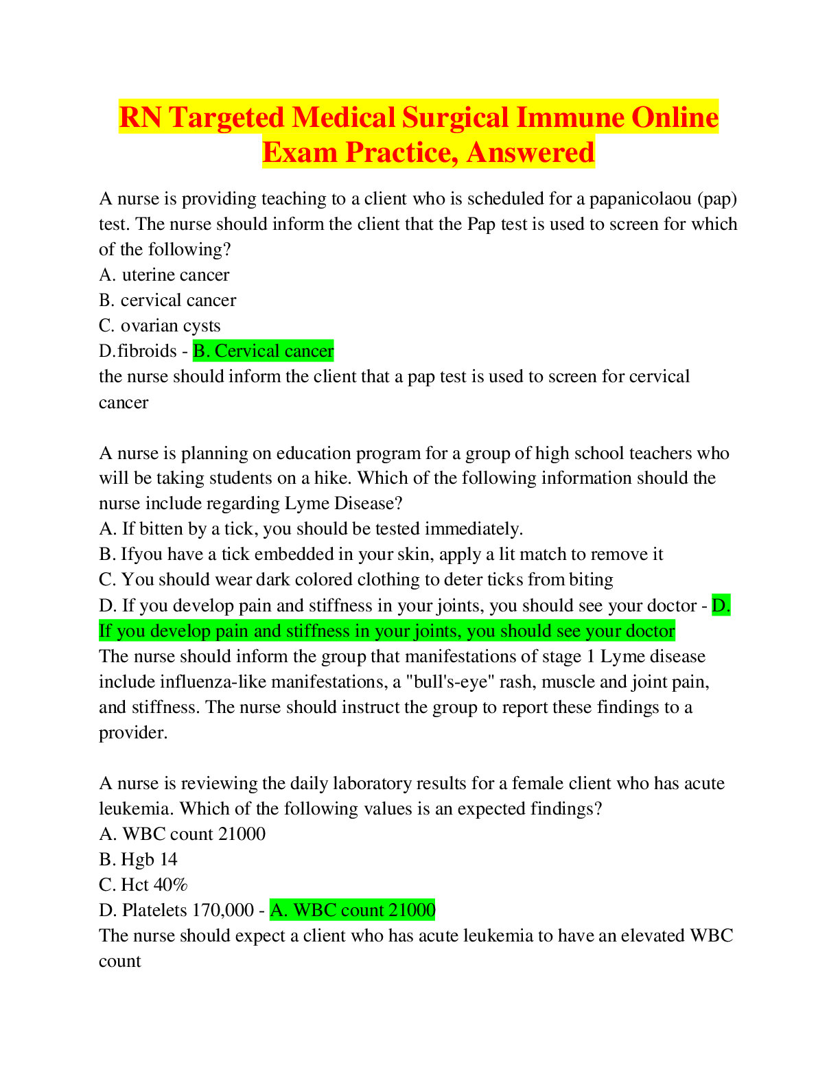 Preview image for RN Targeted Medical Surgical Immune Online Practice 2024, Answered