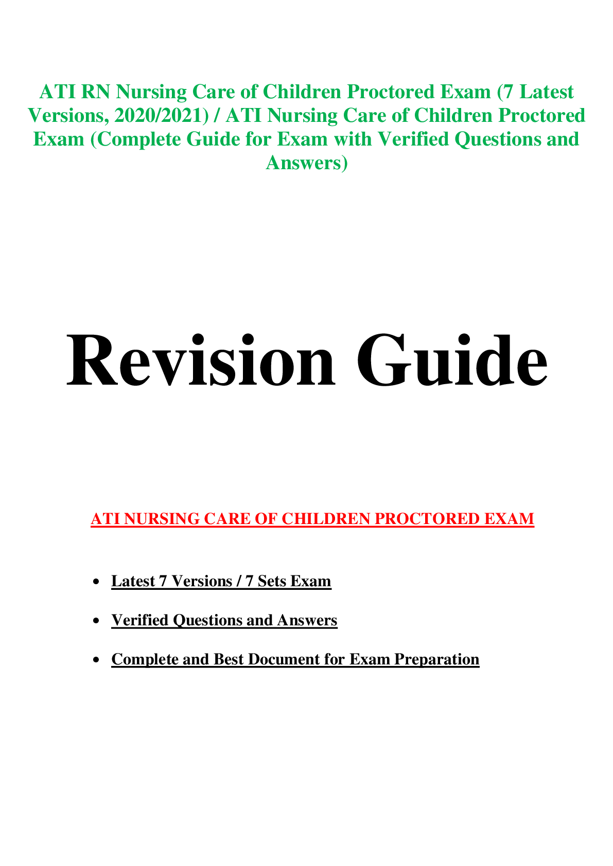 Preview of ATI RN Nursing Care of Children Proctored Exam (7 Latest Versions, Study Guide