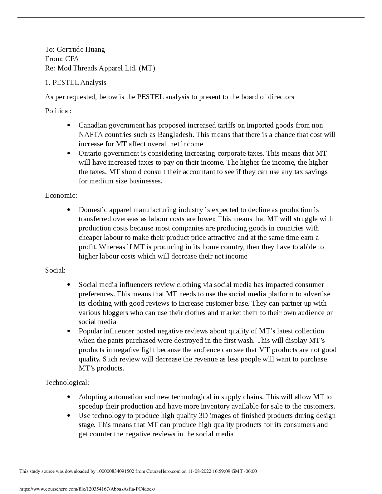 Recommended document preview for ACCT 112 CPA  Mod Threads Apparel Ltd. (MT) PESTEL Analysis