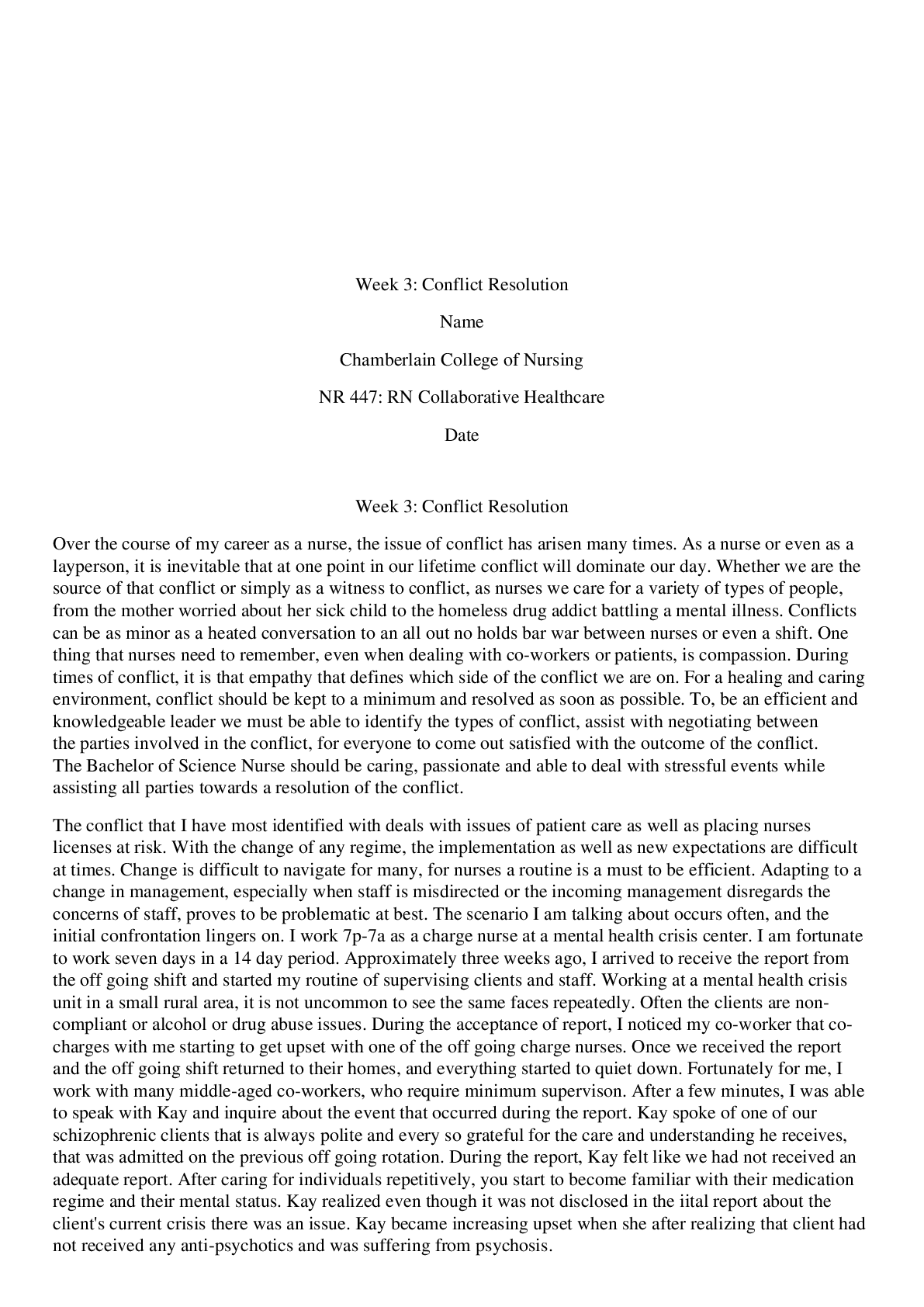 Preview image of NR 447: RN Collaborative Healthcare | Week 3 : Conflict Resolution document