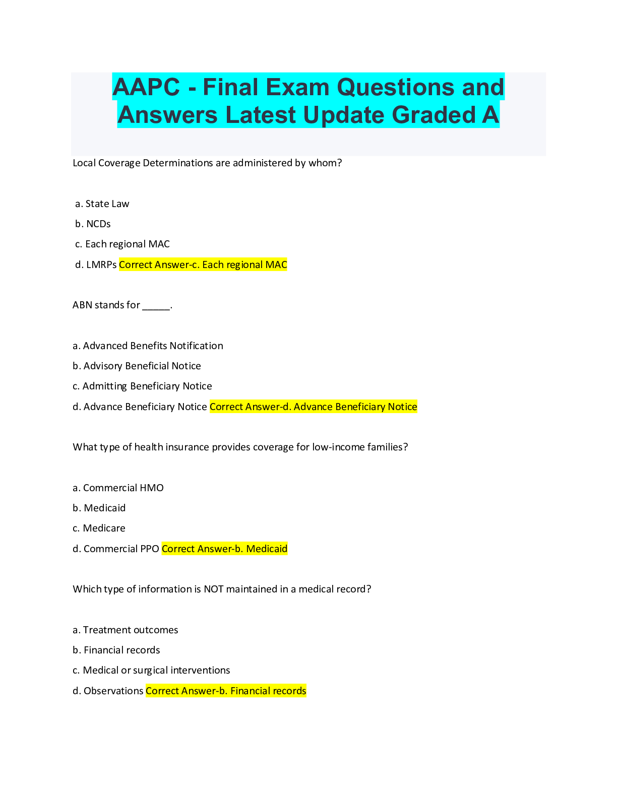 AAPC - Final Exam Questions and Answers Latest Update Graded A