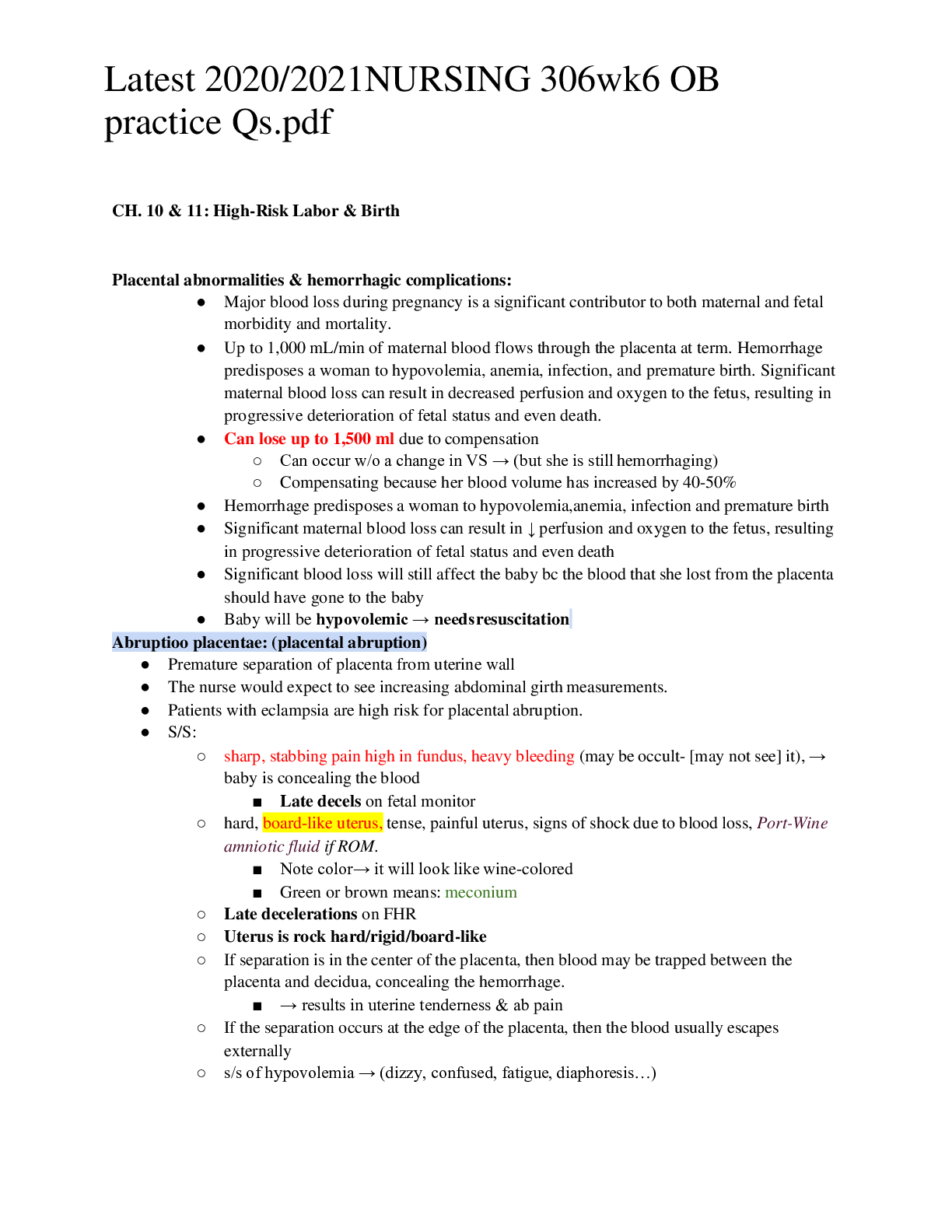 Preview image of 2020/2021 latest NURSING 306wk6 OB practice Qs.p document
