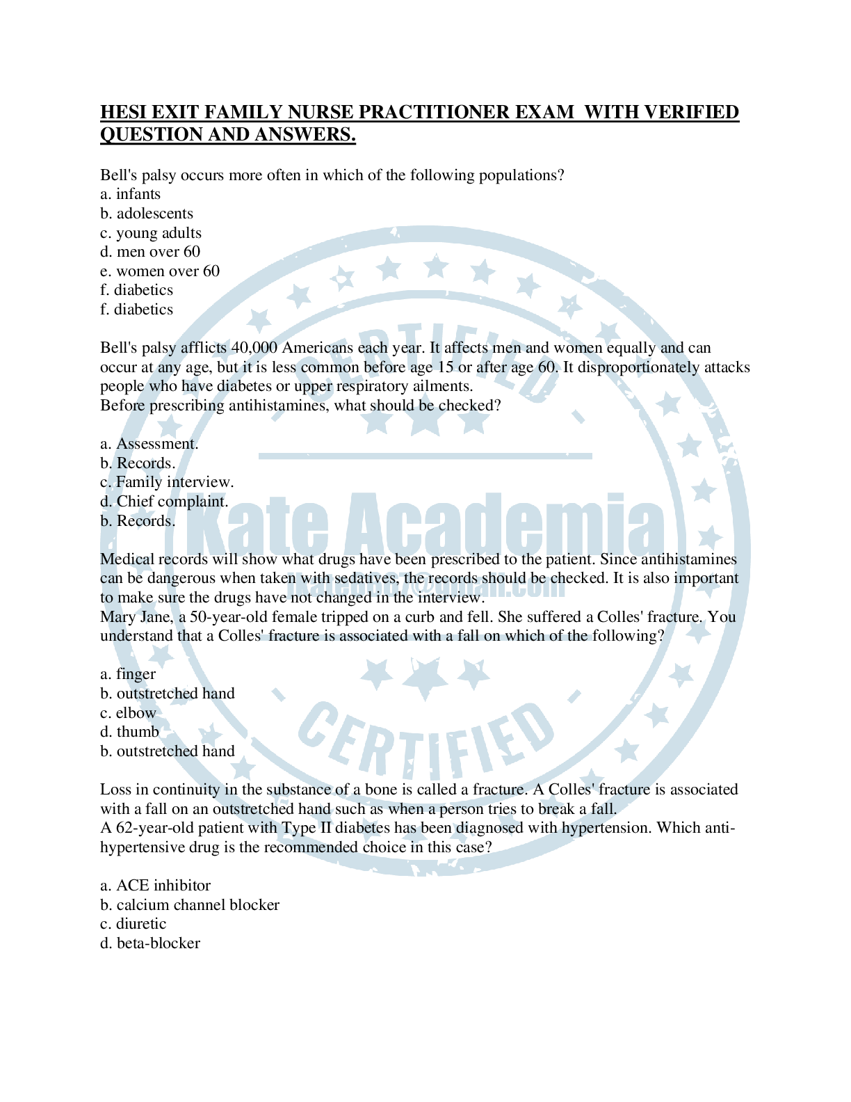 Recommended document preview for HESI EXIT Family Nurse Practitioner FINAL EXAMS. Mastering the HESI FNP Exit Exam. HESI EXIT FAMILY NURSE PRACTITIONER EXAM WITH VERIFIED LATEST QUESTION A ND ANSWERS.