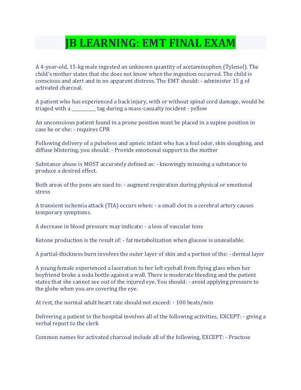 Preview image for JB LEARNING: EMT FINAL EXAM QUESTIONS AND ANSWERS 2022 COMPLETE SOLUTION RATED A