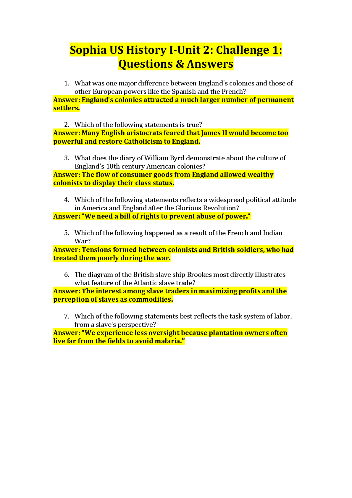 Preview of Sophia US History I-Unit 2: Challenge 1: Questions & Answers