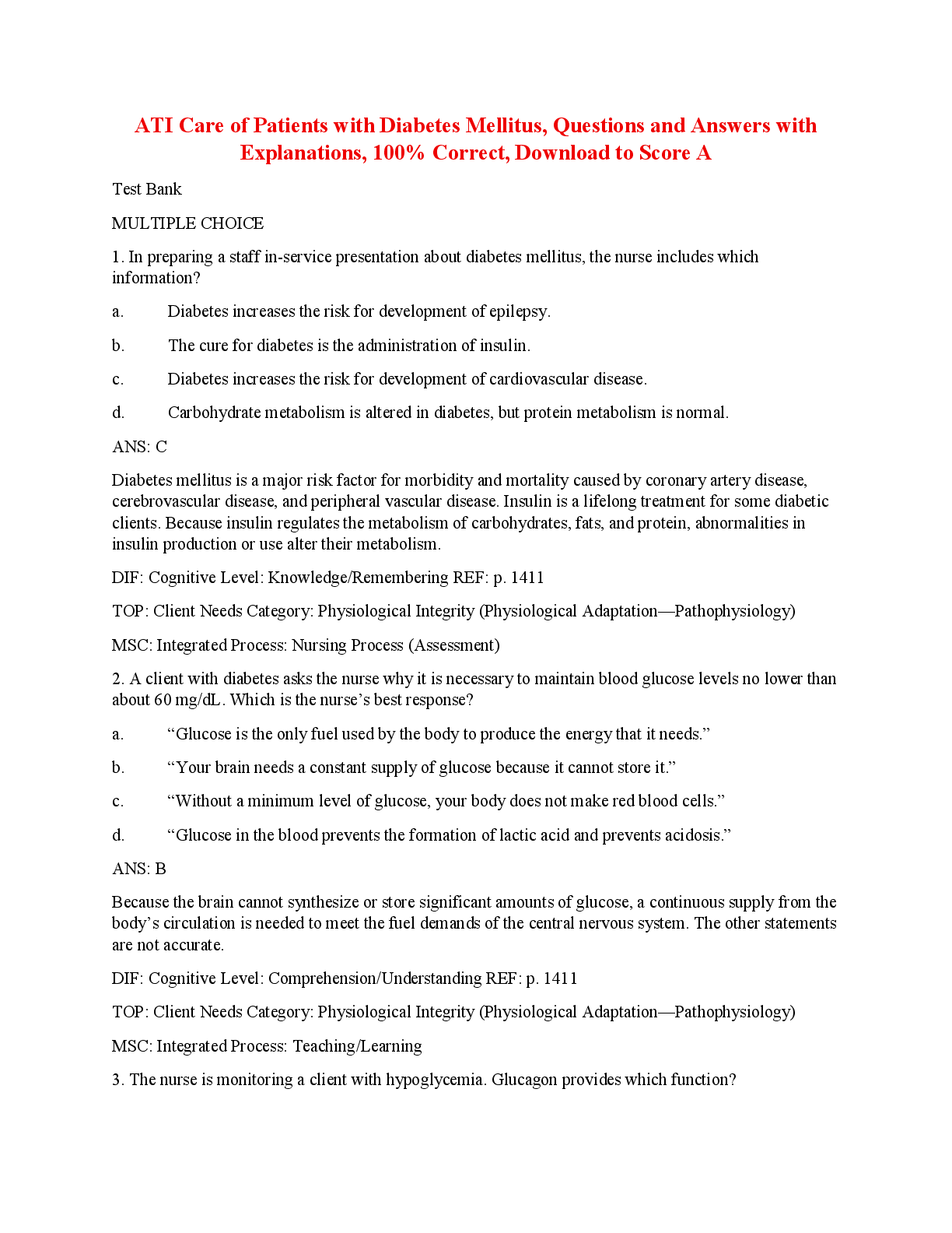 Preview of Care of Patients with Diabetes Mellitus, Questions and Answers with Explanations, 100% Correct, Download to Score A