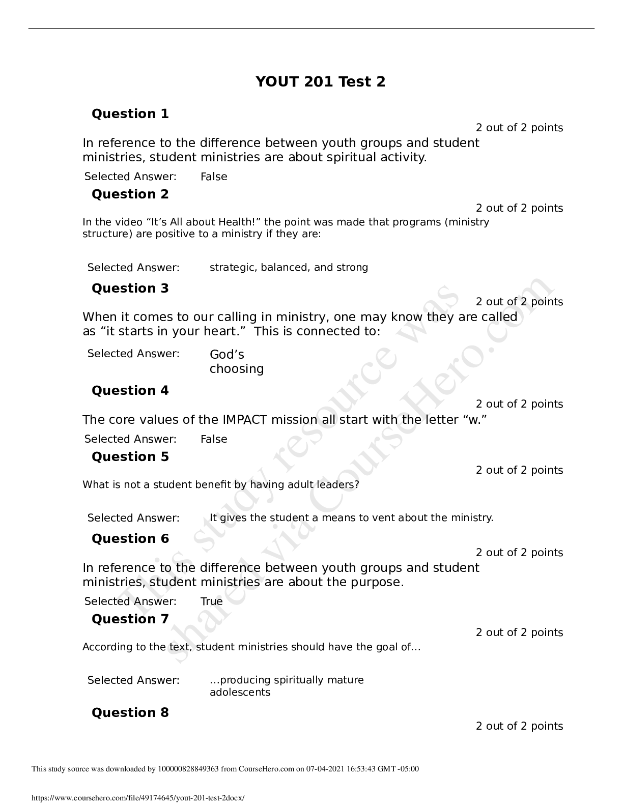 Preview image of Yout 201 Test 2 document