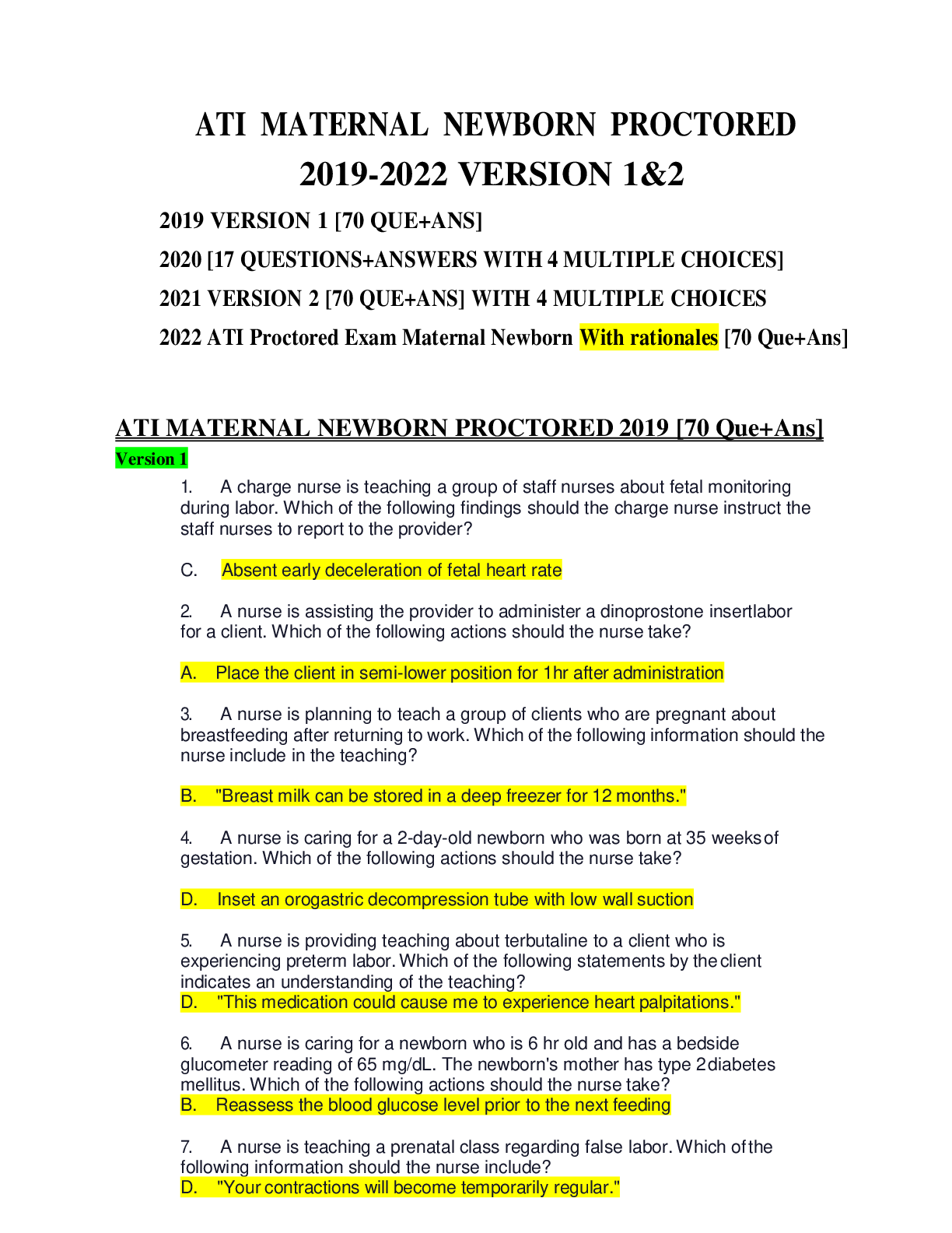 Recommended document preview for ATI MATERNAL NEWBORN PROCTORED EXAM WITH  RATIONALES  Version 1&2