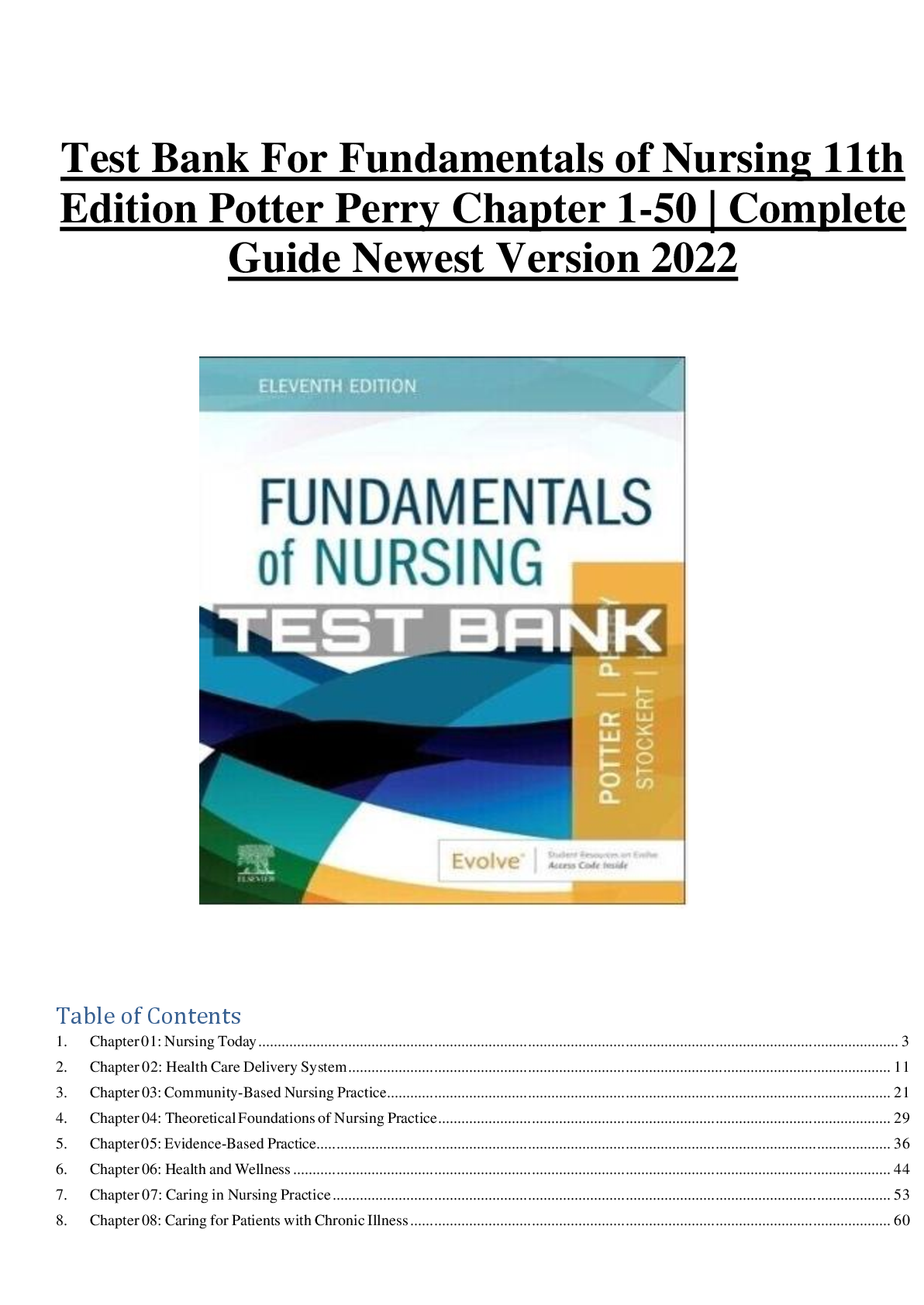 Recommended document preview for Test Bank For Fundamentals of Nursing 11th Edition Potter Perry Chapter 1-50 | Complete Guide